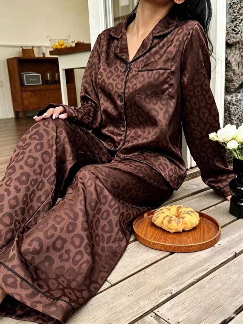Brown Elegant Women's Leopard Print Long Sleeve Top & Long Pants Pajama Set